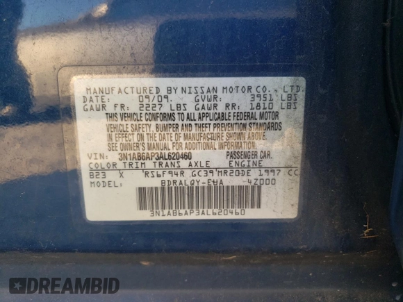 2010 Nissan Sentra SR with VIN 3N1AB6AP3AL620460, listed as a Copart auction lot 86457304 with 94,874 mi miles and Non Repairable. Bid and sale history available at DreamBid. Image 12.