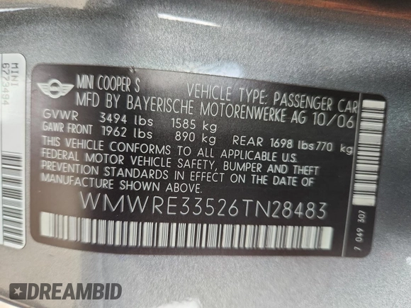 2006 MINI Hardtop S z VIN WMWRE33526TN28483, wystawiony jako Copart lot #64806175 z przebiegiem 76 419 mil mil oraz Szkoda całkowita • Salvage title. Historia ofert i sprzedaży dostępna na DreamBid. Obrazek 12.