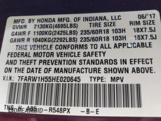 2017 Honda CR-V EX with VIN 7FARW1H55HE020645, listed as a IAAI auction lot 42111202 with 51,445 mi miles. Bid and sale history available at carsss.com. Image 9.
