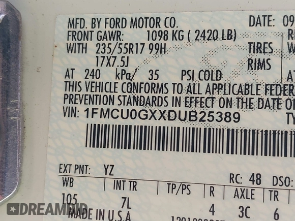 2013 Ford Escape SE с VIN 1FMCU0GXXDUB25389, выставлен на аукционе IAAI как лот 42714468 с пробегом 158 849 миль миль и . История ставок и продаж доступна на DreamBid. Изображение 9.