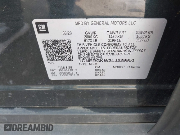 2020 Chevrolet Traverse LT Cloth with VIN 1GNERGKW2LJ239951, listed as a IAAI auction lot 42470928 with 57,000 mi miles and . Bid and sale history available at DreamBid. Image 9.