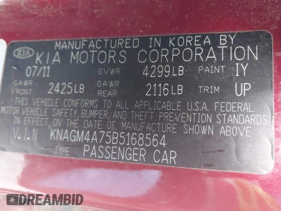 2011 Kia Optima LX z VIN KNAGM4A75B5168564, wystawiony jako IAAI lot #42301373 z przebiegiem Nie podano mil oraz . Historia ofert i sprzedaży dostępna na DreamBid. Obrazek 9.
