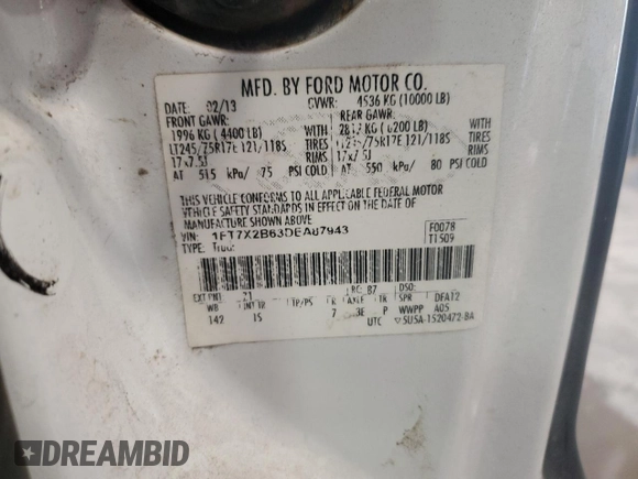 2013 Ford F-250 XL with VIN 1FT7X2B63DEA87943, listed as a Copart auction lot 50087745 with Not Provided miles and Clean Title. Bid and sale history available at DreamBid. Image 12.
