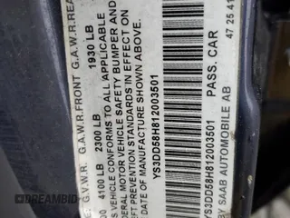 2001 Saab 9-3 with VIN YS3DD58H812003501, listed as a Copart auction lot 51526175 with 162,220 mi miles and Salvage Title. Bid and sale history available at carsss.com. Image 13.