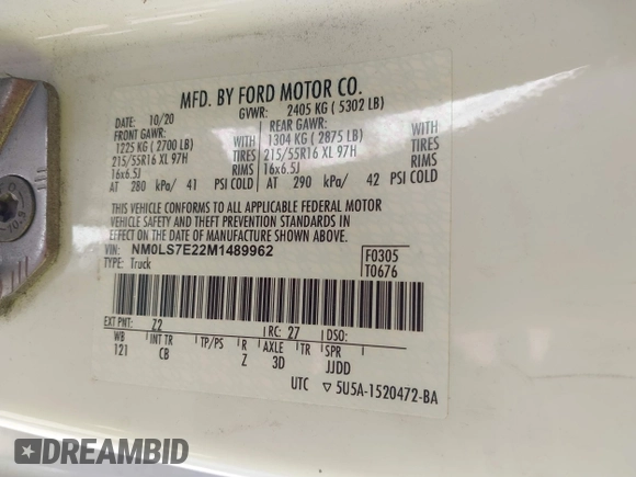 2021 Ford Transit Connect XL с VIN NM0LS7E22M1489962, выставлен на аукционе IAAI как лот 41852868 с пробегом 6 050 миль миль и . История ставок и продаж доступна на DreamBid. Изображение 9.