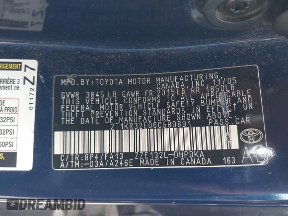2006 Toyota Matrix STD with VIN 2T1KR32E06C580891, listed as a IAAI auction lot 42196131 with 187,941 mi miles and . Bid and sale history available at carsss.com. Image 9.