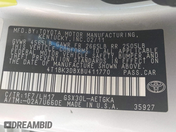 2011 Toyota Avalon with VIN 4T1BK3DBXBU411770, listed as a IAAI auction lot 42060147 with 128,360 mi miles and . Bid and sale history available at carsss.com. Image 9.