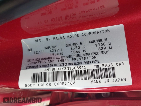 2022 Mazda 3 2.5 Turbo with VIN JM1BPBAY2N1508945, listed as a IAAI auction lot 42046807 with 49,958 mi miles and . Bid and sale history available at DreamBid. Image 9.