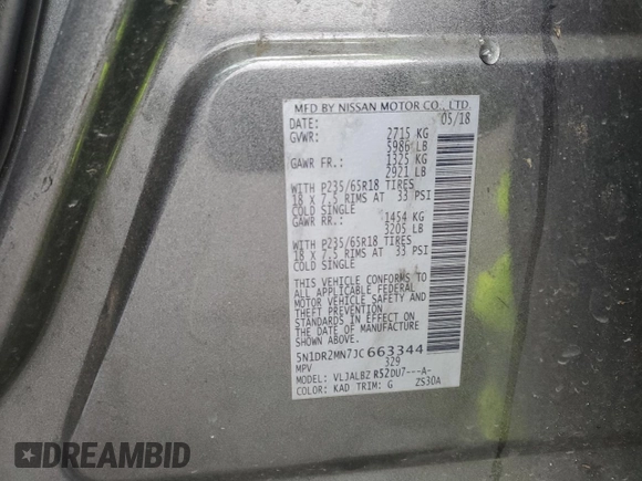 2018 Nissan Pathfinder S with VIN 5N1DR2MN7JC663344, listed as a Copart auction lot 44406985 with 117,208 mi miles and Salvage Title. Bid and sale history available at carsss.com. Image 14.