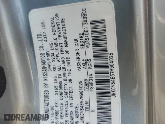 2007 Infiniti G35 with VIN JNKCV54E57M904025, listed as a Copart auction lot 55848595 with 120,134 mi miles and Salvage Title. Bid and sale history available at DreamBid. Image 12.