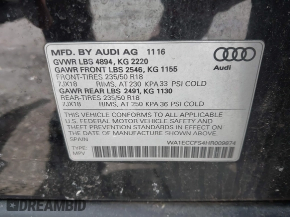 2017 Audi Q3 Premium z VIN WA1ECCFS4HR009874, wystawiony jako IAAI lot #41983904 z przebiegiem 74 785 mil mil oraz . Historia ofert i sprzedaży dostępna na DreamBid. Obrazek 9.