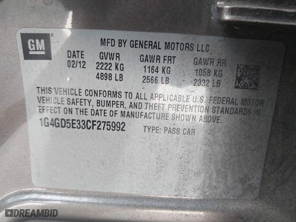 2012 Buick LaCrosse Premium 1 with VIN 1G4GD5E33CF275992, listed as a IAAI auction lot 41518602 with NaN miles. Bid and sale history available at carsss.com. Image 9.