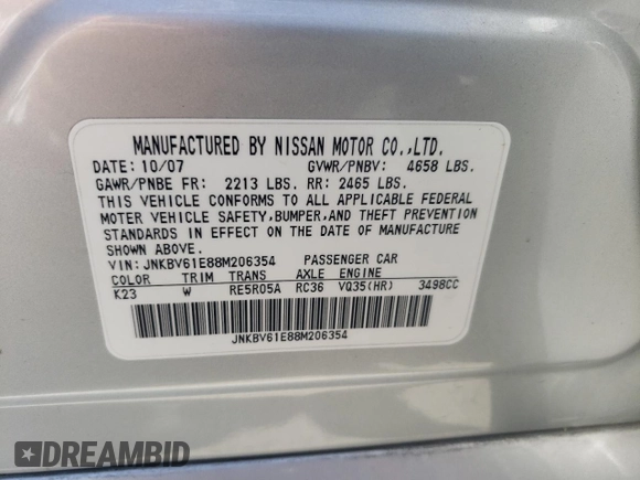 2008 Infiniti G35 with VIN JNKBV61E88M206354, listed as a Copart auction lot 69679054 with Not Provided miles and Salvage Title. Bid and sale history available at DreamBid. Image 12.