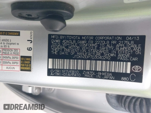 2013 Toyota Prius with VIN JTDKN3DP7D3040292, listed as a IAAI auction lot 42141112 with 103,569 mi miles and . Bid and sale history available at DreamBid. Image 9.
