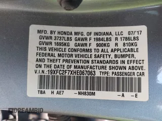 2017 Honda Civic Sedan EX with VIN 19XFC2F7XHE067063, listed as a IAAI auction lot 41820713 with 74,592 mi miles. Bid and sale history available at carsss.com. Image 9.