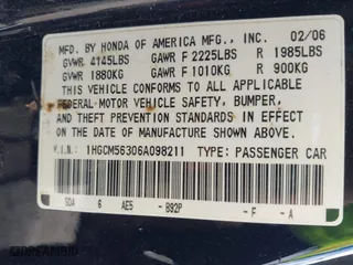 2006 Honda Accord Sdn LX SE with VIN 1HGCM56306A098211, listed as a IAAI auction lot 42115249 with 104,587 mi miles. Bid and sale history available at carsss.com. Image 9.