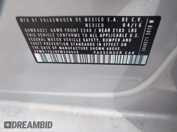 2015 Volkswagen Jetta Sedan 1.8T SE with VIN 3VWD17AJ8FM336528, listed as a IAAI auction lot 42013023 with 89,972 mi miles. Bid and sale history available at carsss.com. Image 9.