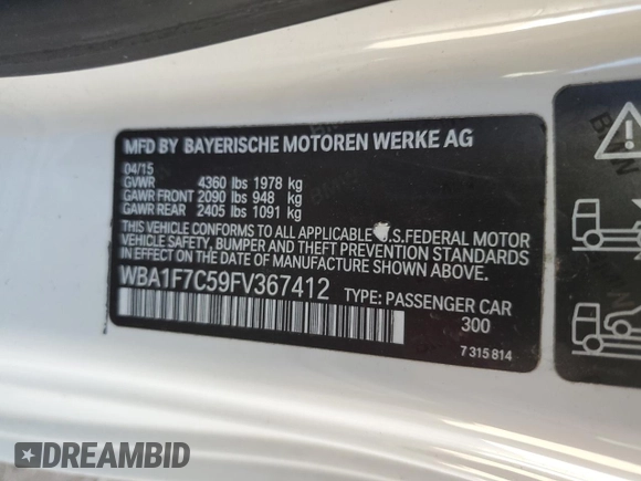 2015 BMW 2 Series 228i xDrive with VIN WBA1F7C59FV367412, listed as a Copart auction lot 52168315 with 44,348 mi miles and Salvage title. Bid and sale history available at DreamBid. Image 12.