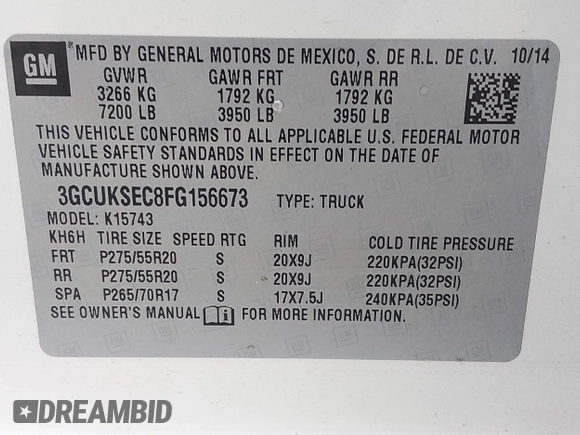 2015 Chevrolet Silverado 1500 LTZ with VIN 3GCUKSEC8FG156673, listed as a IAAI auction lot 42066694 with 70,163 mi miles and . Bid and sale history available at DreamBid. Image 9.