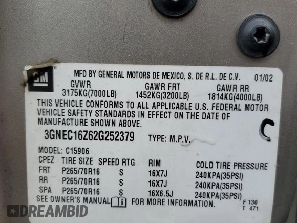2002 Chevrolet Suburban LS with VIN 3GNEC16Z62G252379, listed as a Copart auction lot 73461294 with 321,647 mi miles and Salvage Title. Bid and sale history available at carsss.com. Image 13.