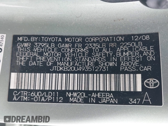 2009 Toyota Prius with VIN JTDKB20U493512731, listed as a IAAI auction lot 42218023 with 167,192 mi miles. Bid and sale history available at carsss.com. Image 9.