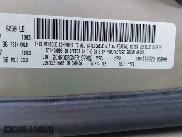2014 Dodge Grand Caravan American Value with VIN 2C4RDGBGXER197092, listed as a IAAI auction lot 40020177 with 25,192 mi miles and . Bid and sale history available at DreamBid. Image 9.