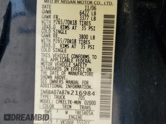 2007 Nissan Titan XE with VIN 1N6BA07A87N216984, listed as a Copart auction lot 46000555 with 152,238 mi miles and Clean Title. Bid and sale history available at carsss.com. Image 12.