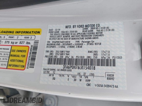 2020 Ford Fusion SE with VIN 3FA6P0H76LR154018, listed as a IAAI auction lot 42175889 with 65,187 mi miles and . Bid and sale history available at DreamBid. Image 9.