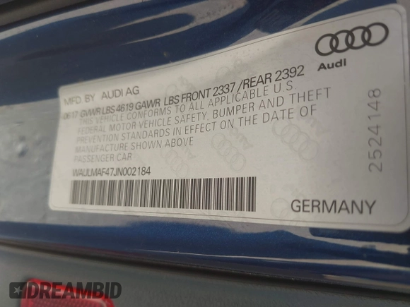2018 Audi A4 Premium Plus with VIN WAULMAF47JN002184, listed as a IAAI auction lot 40038594 with 164,561 mi miles. Bid and sale history available at carsss.com. Image 9.