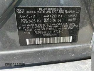 2012 Hyundai Sonata GLS PZEV with VIN 5NPEB4AC0CH377340, listed as a IAAI auction lot 36545311 with Not Provided miles. Bid and sale history available at carsss.com. Image 9.