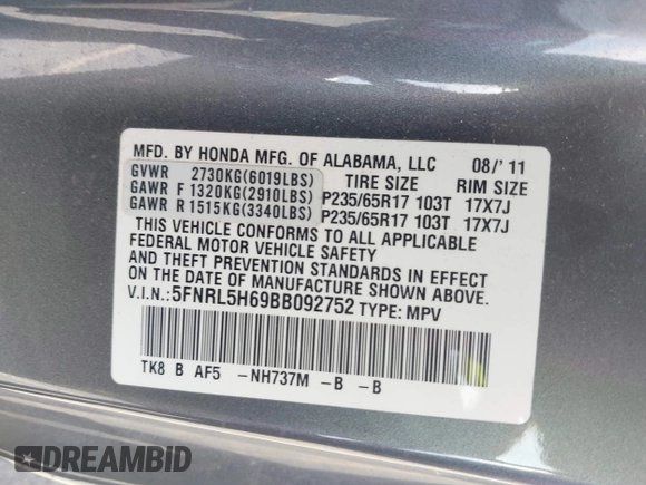 2011 Honda Odyssey EX-L with VIN 5FNRL5H69BB092752, listed as a IAAI auction lot 42245534 with 142,718 mi miles and . Bid and sale history available at DreamBid. Image 9.