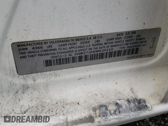2009 Volkswagen Jetta SE with VIN 3VWRZ71K69M120110, listed as a Copart auction lot 64813905 with 114,552 mi miles and Salvage title. Bid and sale history available at DreamBid. Image 12.