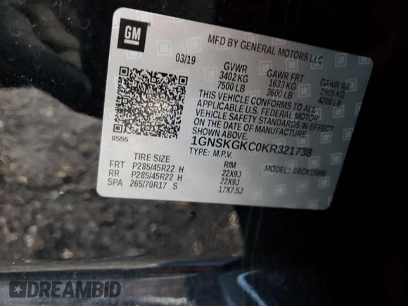 2019 Chevrolet Suburban LS с VIN 1GNSKGKC0KR321738, выставлен на аукционе Copart как лот 77894554 с пробегом 80 612 миль миль и Списание • Salvage title. История ставок и продаж доступна на DreamBid. Изображение 14.