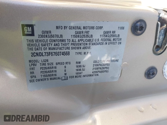 2007 Chevrolet Equinox LT with VIN 2CNDL73F676074568, listed as a IAAI auction lot 41365607 with 108,091 mi miles. Bid and sale history available at carsss.com. Image 9.
