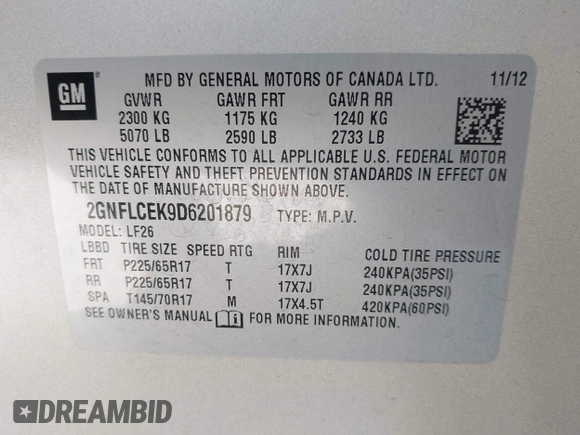 2013 Chevrolet Equinox LS z VIN 2GNFLCEK9D6201879, wystawiony jako IAAI lot #41991600 z przebiegiem 131 096 mil mil oraz . Historia ofert i sprzedaży dostępna na DreamBid. Obrazek 9.