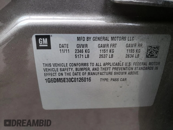 2012 Cadillac CTS Performance with VIN 1G6DM5E30C0126016, listed as a Copart auction lot 54589015 with 40,071 mi miles and Salvage title. Bid and sale history available at DreamBid. Image 13.