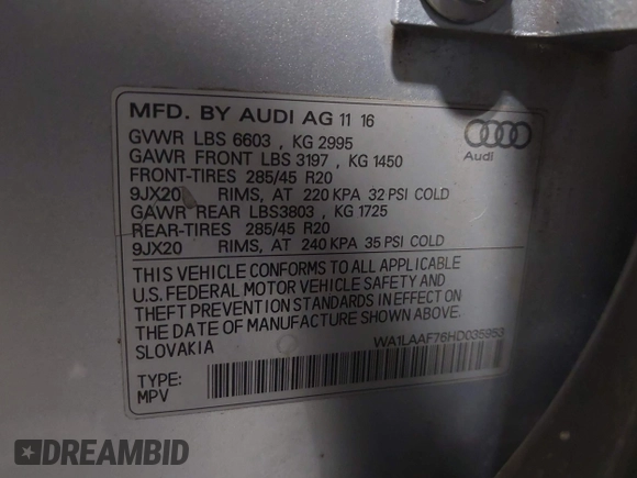2017 Audi Q7 Premium Plus with VIN WA1LAAF76HD035953, listed as a IAAI auction lot 41816166 with 132,149 mi miles. Bid and sale history available at carsss.com. Image 9.
