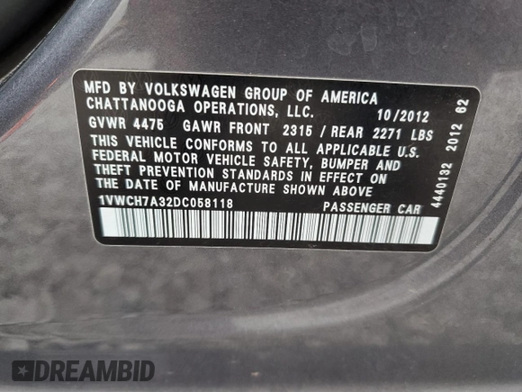 2013 Volkswagen Passat SEL Premium with VIN 1VWCH7A32DC058118, listed as a Copart auction lot 80256304 with 158,667 mi miles and Salvage Title. Bid and sale history available at carsss.com. Image 12.