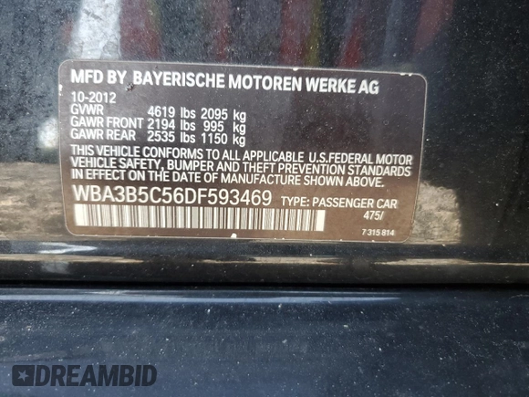 2013 BMW 3 Series 328i xDrive with VIN WBA3B5C56DF593469, listed as a Copart auction lot 62335655 with 74,953 mi miles and Clean title. Bid and sale history available at DreamBid. Image 12.