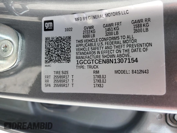 2022 Chevrolet Colorado 4WD LT с VIN 1GCGTCEN8N1307154, выставлен на аукционе Copart как лот 58486435 с пробегом 36 253 миль миль и Списание • Salvage title. История ставок и продаж доступна на DreamBid. Изображение 13.