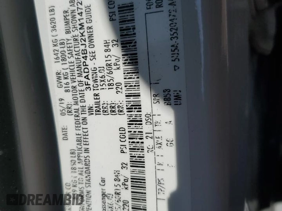 2019 Ford Fiesta SE z VIN 3FADP4BJ2KM147288, wystawiony jako Copart lot #55391125 z przebiegiem 83 887 mil mil oraz Szkoda całkowita • Salvage title. Historia ofert i sprzedaży dostępna na DreamBid. Obrazek 13.
