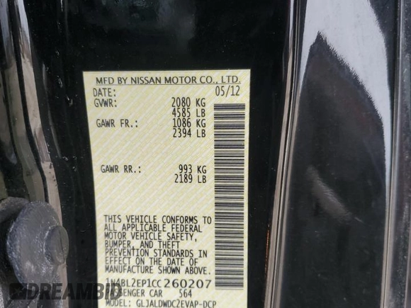 2012 Nissan Altima 3.5 SR with VIN 1N4BL2EP1CC260207, listed as a Copart auction lot 43215625 with 142,090 mi miles and Salvage Title. Bid and sale history available at carsss.com. Image 14.