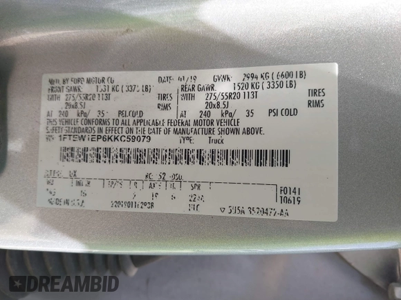 2019 Ford F-150 XL with VIN 1FTEW1EP6KKC59079, listed as a IAAI auction lot 42012514 with 181,963 mi miles. Bid and sale history available at carsss.com. Image 9.