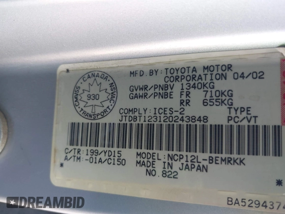 2002 Toyota ECHO with VIN JTDBT123120243848, listed as a IAAI auction lot 41677515 with 287,759 mi miles. Bid and sale history available at carsss.com. Image 9.