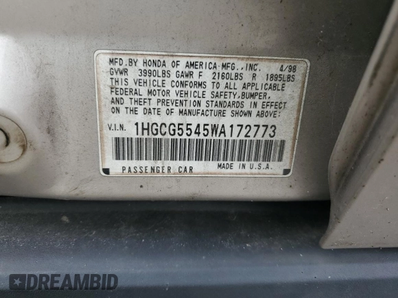 1998 Honda Accord LX with VIN 1HGCG5545WA172773, listed as a Copart auction lot 63660514 with 255,670 mi miles and Salvage title. Bid and sale history available at DreamBid. Image 13.