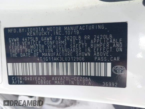2020 Toyota Camry SE z VIN 4T1G11AK3LU312906, wystawiony jako IAAI lot #42370015 z przebiegiem 67 382 mil mil oraz . Historia ofert i sprzedaży dostępna na DreamBid. Obrazek 9.