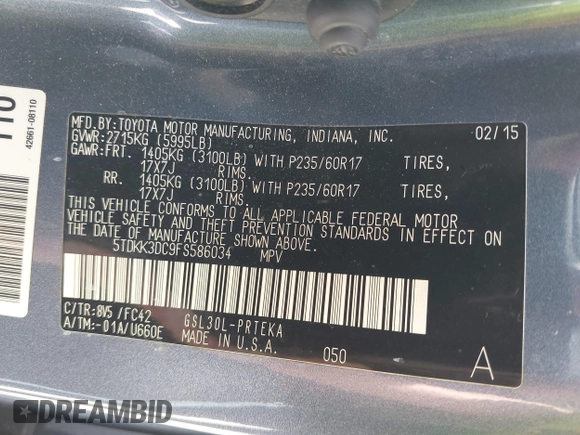 2015 Toyota Sienna LE AAS с VIN 5TDKK3DC9FS586034, выставлен на аукционе IAAI как лот 41955806 с пробегом 124 678 миль миль и . История ставок и продаж доступна на DreamBid. Изображение 9.