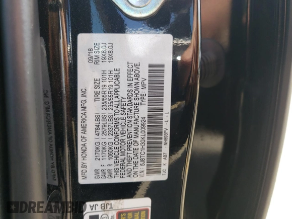 2019 Acura RDX with VIN 5J8TC1H30KL009924, listed as a Copart auction lot 59441015 with 70,487 mi miles and Salvage title. Bid and sale history available at DreamBid. Image 13.