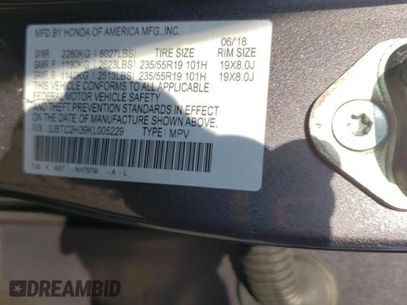 2019 Acura RDX with VIN 5J8TC2H39KL005229, listed as a Copart auction lot 61663945 with Not provided miles and Salvage title. Bid and sale history available at DreamBid. Image 12.