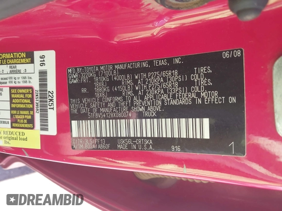 2008 Toyota Tundra z VIN 5TFBV54128X080074, wystawiony jako IAAI lot #42227681 z przebiegiem 176 042 mil mil oraz . Historia ofert i sprzedaży dostępna na DreamBid. Obrazek 9.